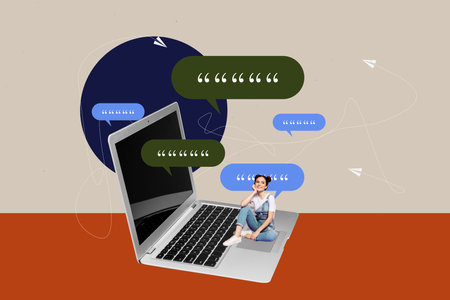 Composite trend artwork sketch image collage of laptop with chat bubble idea young lady chatting sit...