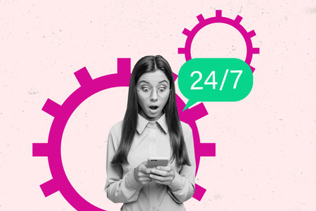 Composite trend artwork sketch image collage of 24 7 service support help customer client speech...