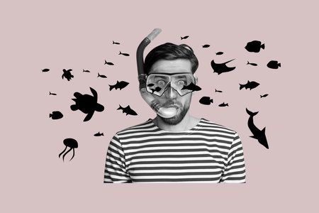 Composite photo collage of astonished guy wear undersea equipment tube fish turtle jellyfish scuba...