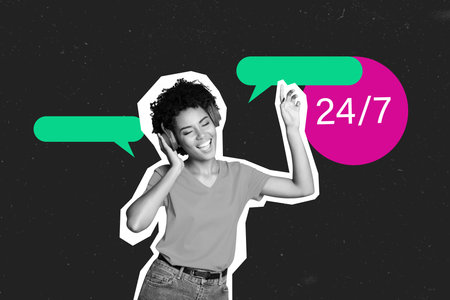 Composite trend artwork sketch image collage of silhouette young lady student headphones listen music dance app service 24 7 speech cloudの写真素材