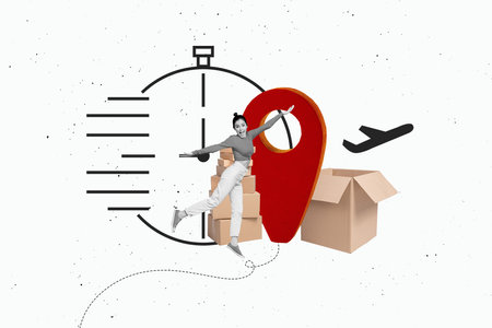 Composite photo collage of happy girl stand pile carton box parcel geometric plane postal destination timer isolated on painted backgroundの写真素材