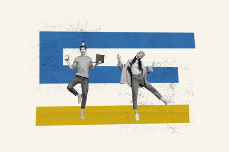 Composite trend artwork collage of copyspace monochrome young man lady coworking laptop multitasking balance office drink tea clock timeの写真素材