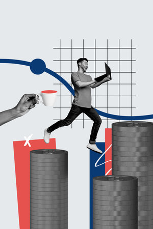 Vertical collage young man go finance economy trader forex laptop online earnings profit income wealthy investor statistics progressの写真素材