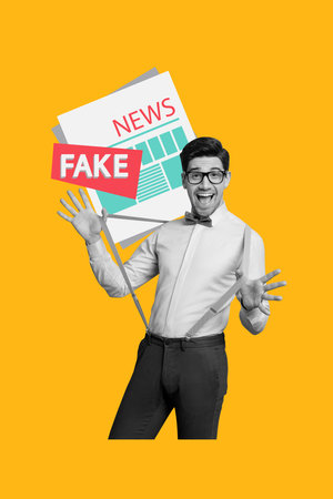 Composite trend artwork sketch image photo collage of young guy retro style stand smile newspaper breaking news broadcast daily journalistの写真素材