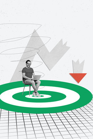 Vertical photo collage of silly freelancer man type laptop arrow broke crisis fall recession target fail isolated on painted backgroundの写真素材