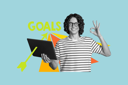 Composite photo collage of happy guy show okay gesture goal achievement freelancer hold laptop progress isolated on painted backgroundの写真素材