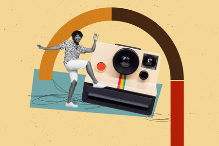 Composite photo collage of happy latin man dance instant camera device photo shooting cadre model capture isolated on painted backgroundの写真素材