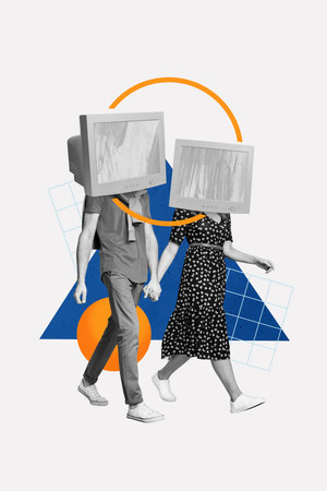 Vertical photo collage of girl guy couple walk together monitor addicted romantic date modern technology isolated on painted backgroundの写真素材