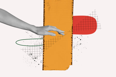 Composite trend artwork sketch image photo collage of copyspace figure fragment platform line bodyless arm hand wrist appear show gestureの写真素材