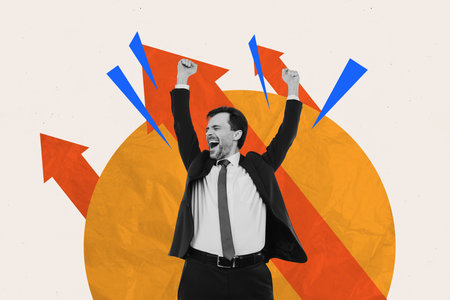 Composite trend artwork sketch image photo collage of arrow business aim goal target success man work hand gesture up growth officeの写真素材