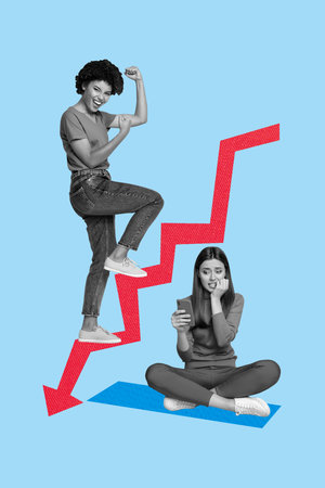 Vertical photo collage of jealousy american girl freelancer colleague fail woman hold phone arrow decline isolated on painted backgroundの写真素材