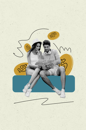 Vertical poster collage young woman man money finance earnings profit income golden coins tokens dollars drawing doodlesの写真素材