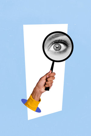 Vertical poster collage hand body fragment magnifying loop glass see watch eyeball stare examine explore drawing backgroundの写真素材