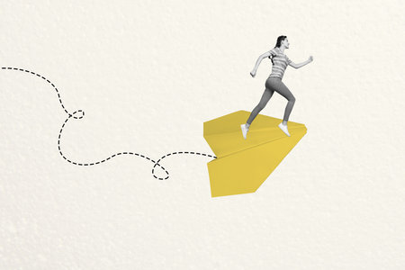 Composite trend artwork 3D sketch image photo collage of monochrome miniature young lady stand huge origami paper plane fly direction wayの写真素材