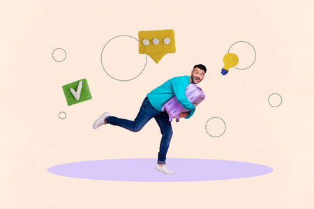 Composite photo collage of excited energetic guy run suitcase light bulb plan checkmark approval...
