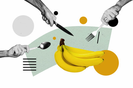 Composite photo collage of hands hold fork knife spoon want eat ripe sweet yellow banana tropical fruit meal isolated on painted backgroundの写真素材
