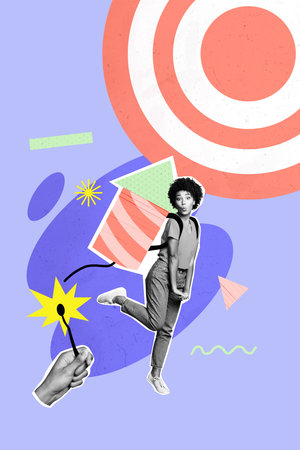 Composite trend artwork sketch image photo collage of arrow show direction target circle goal point young lady fly fireworks burn ropeの写真素材