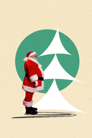 Vertical photo collage of serious santa claus stand new year tree forest xmas occasion celebration party isolated on painted backgroundの写真素材