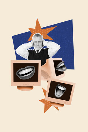 Vertical photo collage of uhappy old man close ears mouth mass media pc monitor fake news brainwash narrative isolated on painted backgroundの写真素材