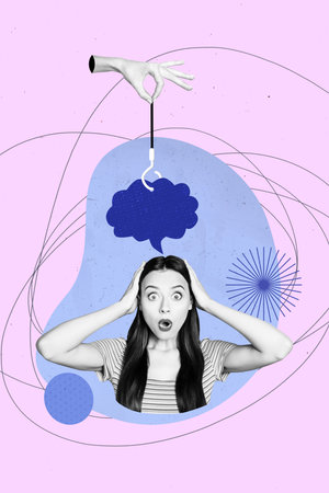 Vertical photo collage of astonished girl hold head hook brainwash concept cloud disinformation...