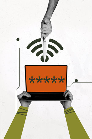 Vertical photo collage of hands hold laptop device password access sharp knife broke wifi half...