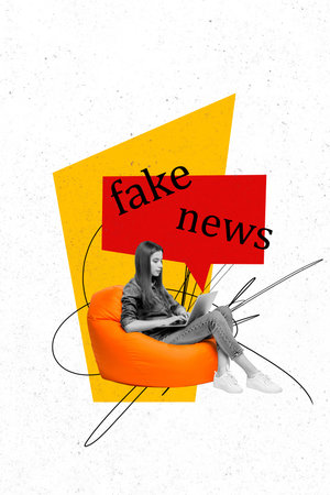 Vertical poster collage young woman laptop browsing textbox fake news lie phrase cite brainwashing mass media opinion controlの写真素材