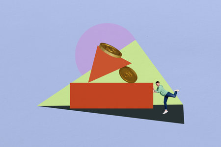 Creative collage picture young man platform geometric figures golden coin dollar currency money...