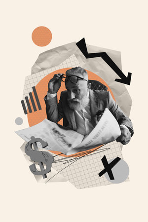 Vertical composite artwork collage image picture of grandfather read finance newspaper crisis isolated on creative backgroundの写真素材