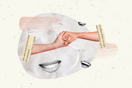 Composite photo collage of hands show fist gesture bang battle love gentle cooperation colleagues mouth smile isolated on painted backgroundの写真素材