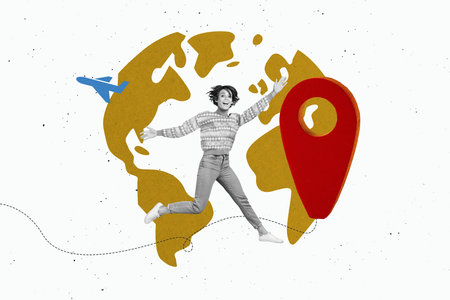 Composite photo collage of happy girl jump planet arrival plane passenger relocation geometric route isolated on painted backgroundの写真素材