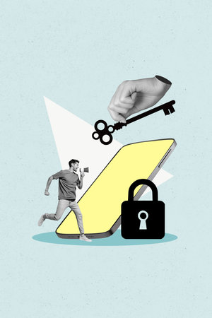 Vertical photo collage of happy man hacker run megaphone announce phone locked device decode hand...