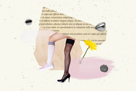 Composite photo collage of girl legs choice sneakers heels formal vs sporty look pantyhose sock mouth flower isolated on painted backgroundの写真素材
