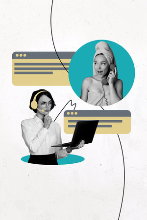 Vertical photo collage of serious girl manager talk headphones helpline hiring telephone call lady...