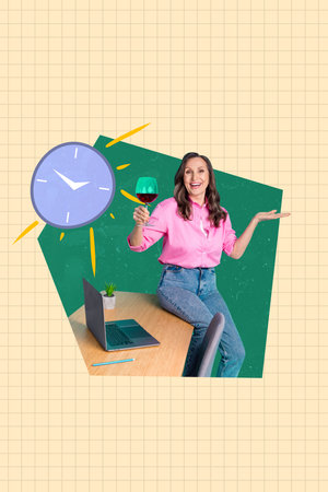 Vertical collage mature clueless woman office worker secretary manager clock deadline time...