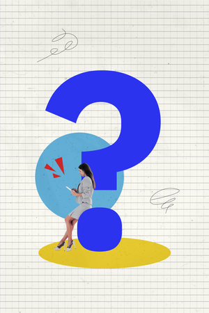 Composite trend artwork sketch image collage of young lady shout big question mark solve problem communication challengeの写真素材