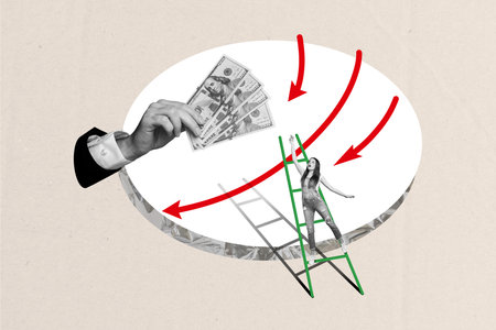 Composite trend artwork photo collage of office manager young woman rich earn work arrow down loss money hand hold banknote stand ladderの写真素材