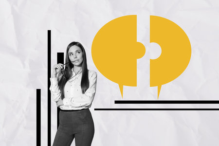Collage image artwork of thoughtful successful young woman solving question issues isolated on...