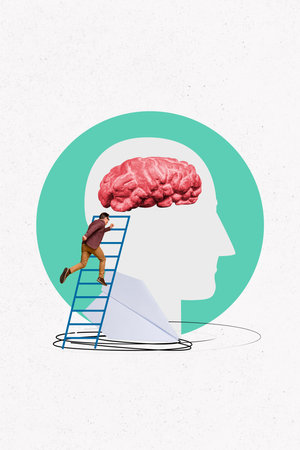 Vertical photo collage of anonym man researcher climb ladder human shape head brain plan cortex...