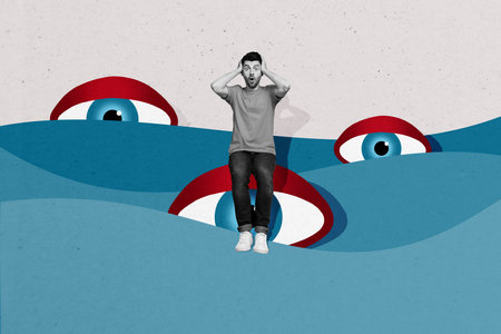 Composite creative art collage of shocked guy sit eyeball control vision eyes jewish freemason isolated on painted backgroundの写真素材