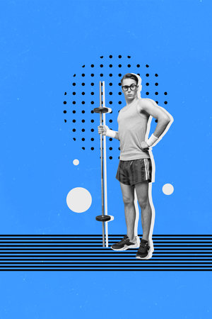 Composite trend artwork image photo collage of copyspace young man geek eyewear student strong muscle show biceps stand hold kettlebellの写真素材