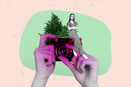Composite photo collage of happy girl stand old photo camera device shooting plant bush fashion...