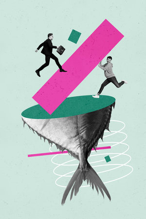 Vertical creative art collage of two happy businessmen cooperation line path help development fish half tail isolated on painting backgroundの写真素材