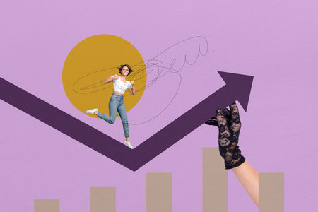 Creative collage picture young woman showing gesture thumb up like approval good dynamic arrow...