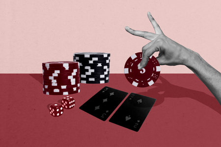 Composite photo collage of hands hold chip bet dice event winner poker game casino cards combination ace isolated on painted backgroundの写真素材
