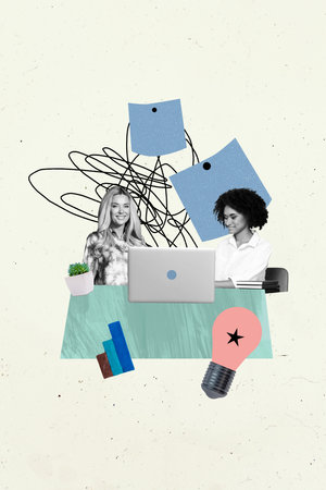 Vertical photo collage of happy girls business partners sit workplace office laptop chart light bulb sticker isolated on painted backgroundの写真素材