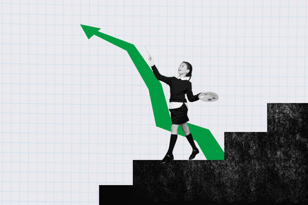 Composite trend artwork 3D image photo collage of huge arrow show way point direction young school age girl walk ladder paint draw toolの写真素材