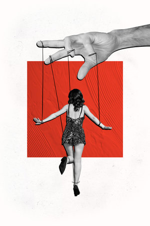 Vertical photo collage of girl wear sexy shiny dress stand back hand control puppet concept manipulation isolated on painted backgroundの写真素材