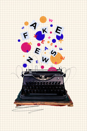 Vertical poster collage typing machine journalist fake news publish information letters keyboard profession drawing backgroundの写真素材