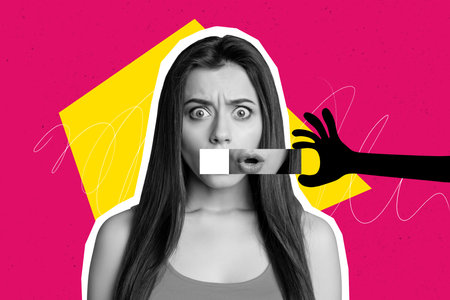 Composite photo collage of dissatisfied girl taped mouth hand pressure bullying censorship voiceless...