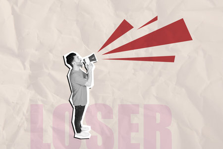 Composite trend artwork image photo collage of young man miniature stand hand hold loudspeaker proclaim talk speech loser bully hate abuseの写真素材